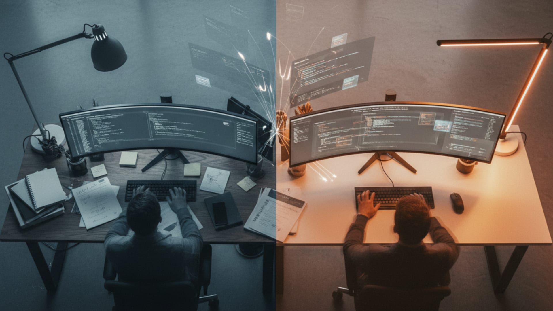Bird's eye view comparison: Traditional slow workflow vs. AI-accelerated development speed